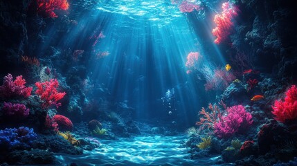 Vibrant underwater coral reef landscape with sunlight rays and diverse marine life