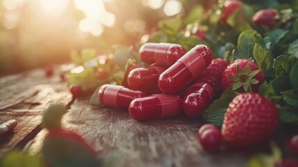 Capsules surrounded by fresh berries and leaves on wooden surface