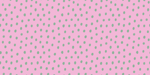 Polka dot horizontal seamless pattern in pink and sage green. Hand drawn vector design with cheerful dotted texture and playful irregular flow. Great for Easter fabric, wallpaper, or wrapping paper