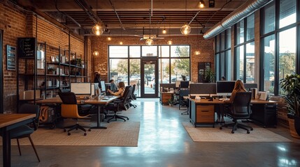 Fototapeta premium Professional office space with neatly arranged cubicles, modern office chairs, and employees collaborating and working efficiently. 