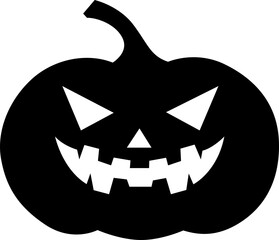 A festive black pumpkin carving. The illustration has an eerie smile and triangular eyes that create a Halloween icon silhouette.