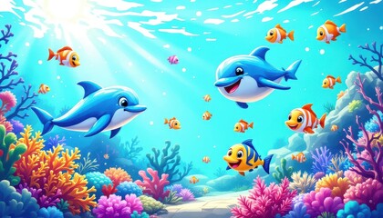 Fototapeta premium Cute Dolphins Playing with Fish in Colorful Underwater Coral World – Cartoon Ocean Scene