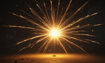 Wide shot, yellow firework starburst, intense heat, glowing embers , explosion, starburst, ember