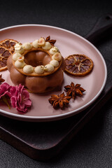 Round chocolate tart or pie with cream berry filling