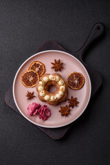 Round chocolate tart or pie with cream berry filling
