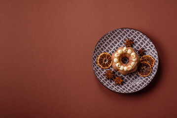 Round chocolate tart or pie with cream berry filling