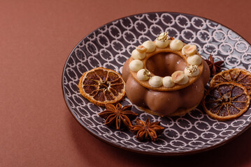 Round chocolate tart or pie with cream berry filling
