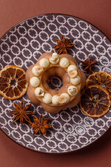 Round chocolate tart or pie with cream berry filling