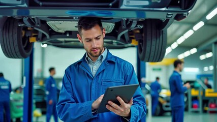 Mechanic in blue uniform using tablet under vehicle on car lift in automotive repair workshop. Professional technician performing digital diagnostics in modern garage. Auto service specialist