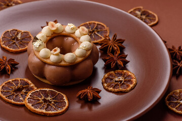 Round chocolate tart or pie with cream berry filling