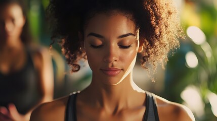 A woman with curly hair meditating with her eyes closed in a bright and natural environment scene