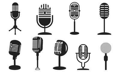 Set of Retro Vintage Microphones in Black Silhouette Style  Isolated Vector Icons for Podcast, Radio, and Voice Recording Themes