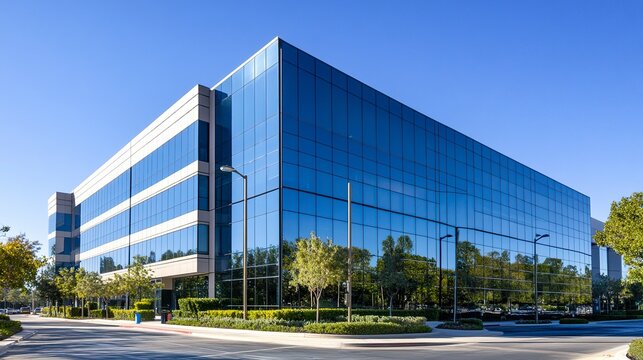 Reflective glass facade of a corporate office building, sharp angles and smooth surfaces symbolizing modern professionalism.  