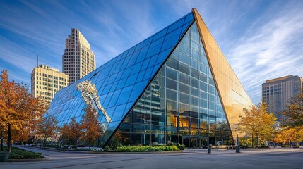 Sharp and angular view of a downtown office building, its glass facade reflecting light and surroundings for an abstract and futuristic feel.  