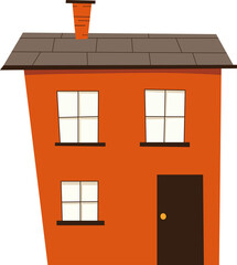 Stylized cartoon of a simple two-story orange house with a brown roof and door, featuring four white-framed windows and a chimney.