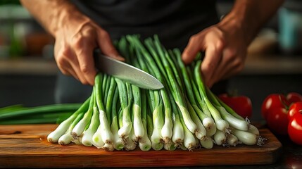 A person is shown in the kitchen, skillfully slicing fresh green onions on a cutting board.