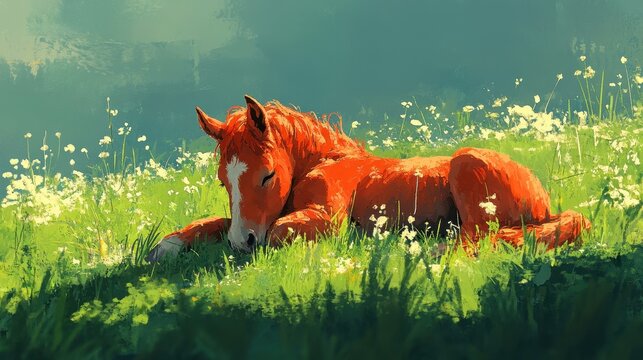 Peaceful foal resting in sunlit meadow surrounded by wildflowers