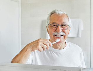 man tooth bathroom toothbrush hygiene senior morning routine brushing toothpaste care dental...