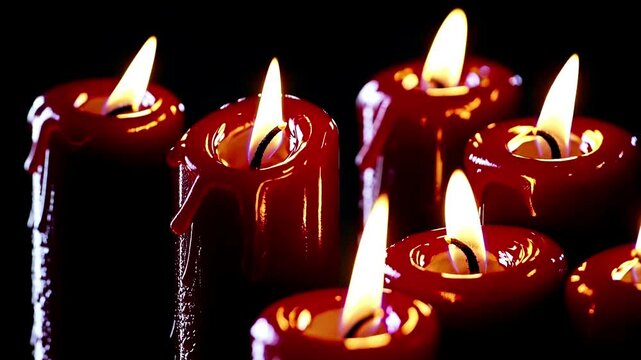 Red candles burning on dark black background. candles burning. Isolated candle burning with dark background. Red paraffin candle with yellow shades burns on a black background. Hope and believe