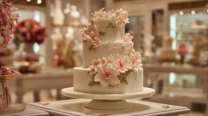Naklejka premium Wedding cake on luxury store stand