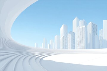 Fototapeta premium Futuristic white cityscape with modern high-rise buildings and curved architecture on a minimal background, perfect for technology, innovation, and urban planning concepts.