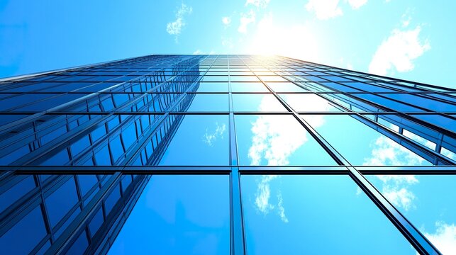 Sleek and modern tall building with reflective blue glass panels, soaring into the sky with a clear, cloudless backdrop.  