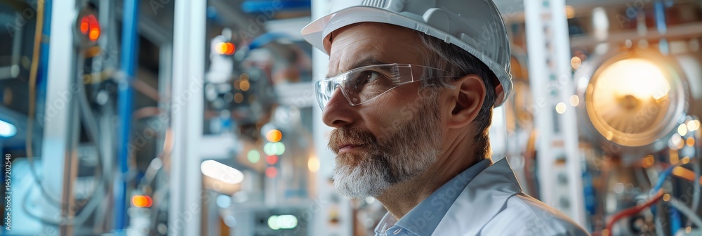 Poster Engineer in a white lab coat and safety glasses in a high-tech lab setting. Advanced engineering and technological innovation concept.