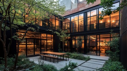 Sleek city loft with a black metal exterior, floor-to-ceiling glass windows, and a minimalist concrete courtyard, emphasizing modern living. 