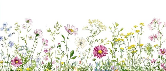 Watercolor Wildflower Meadow Border with Pink, Blue, Yellow, and White Flowers
