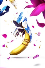 Surreal banana wrapped in gold with abstract petals, modern pop art concept for creativity, branding, design, humor, and visual storytelling