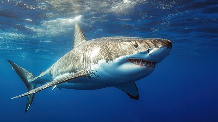 Fototapeta premium Majestic great white shark swimming underwater in blue ocean