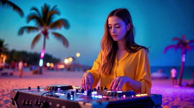 Female dj with yellow blouse mixing music on controller at tropical beach party during sunset. Neon lights illuminate palm trees as woman performs on electronic equipment with ocean backdrop