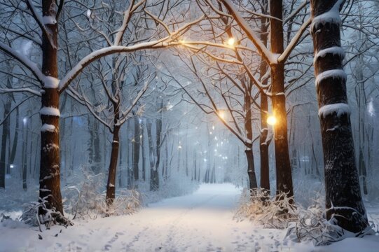 Serene winter forest background with hanging lights and gentle snowfall for festive celebrations
