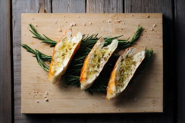 Savory garlic bread with aromatic herbs styled on a cutting board. Perfect visual for Italian...