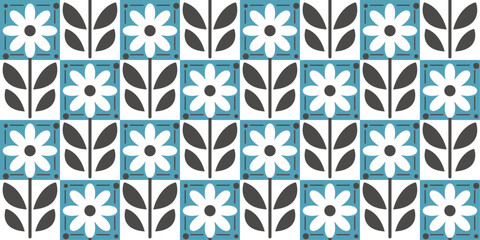 The design is simple and geometric, reminiscent of 1960s or 1970s aesthetics. Retro-style floral pattern. Vector pattern.