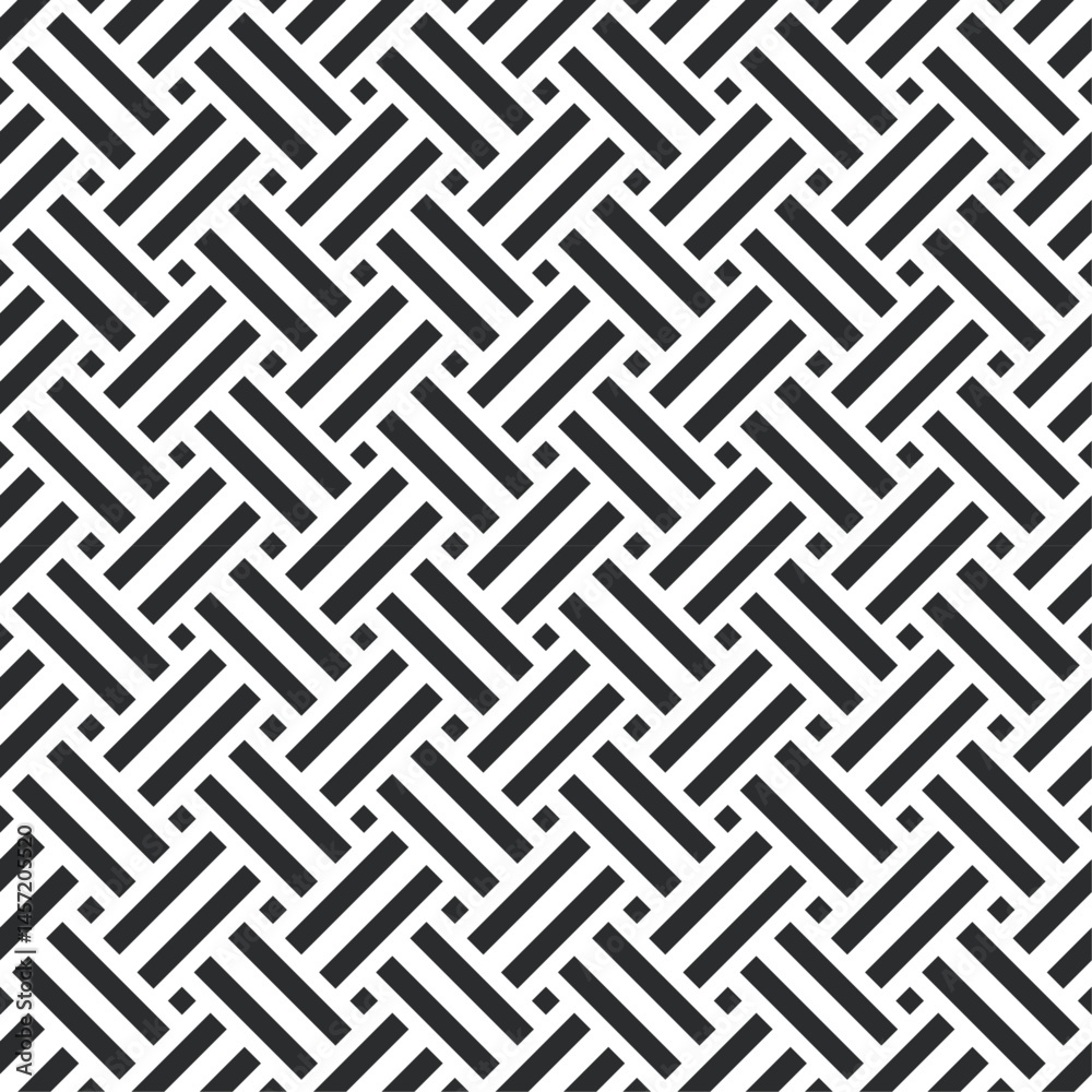 Poster Repeating design. Black and white stripes are arranged diagonally, creating an interwoven effect. Vector repeating minimalistic pattern.