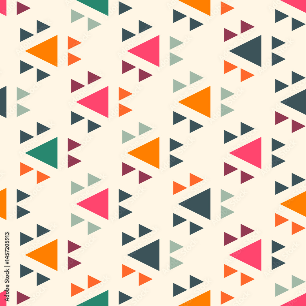 Poster Pattern repeats across the frame, with larger triangles in shades of orange, pink, teal, and dark blue. Each large triangle is accompanied by two smaller triangles of different colors.