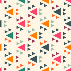 Pattern repeats across the frame, with larger triangles in shades of orange, pink, teal, and dark blue. Each large triangle is accompanied by two smaller triangles of different colors.