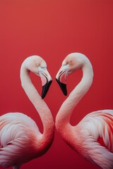 Two flamingos forming a heart shape with their necks on red background for romance, love themes, Valentine's visuals, wildlife art, and decor
