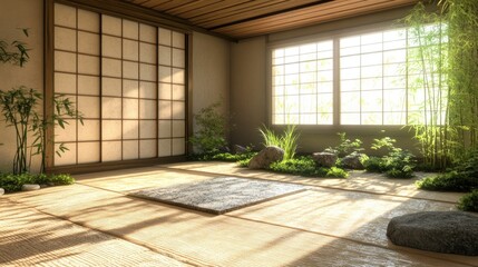 An inviting interior features natural light and serene tranquil elements