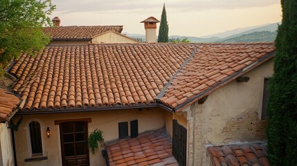 An elevated view of a terracotta tiled roofed building
