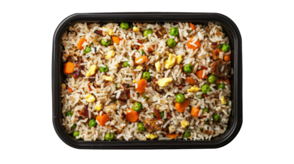 Delicious Vegetable Fried Rice in Takeout Container with Colorful Ingredients Including Carrots, Peas, and Scrambled Egg for a Tasty Meal Option