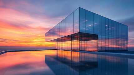 Sleek office structure with glass walls reflecting the radiant colors of the sunset, blending elegance with the beauty of the evening sky.  