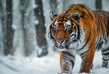 Obraz premium a majestic siberian tiger strides purposefully through a snowy forest, its piercing gaze fixed directly at the viewer.