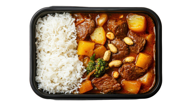 Delicious beef stew with potatoes and vegetables served alongside fluffy white rice in a convenient black takeout container perfect for meals on the go or quick lunches.