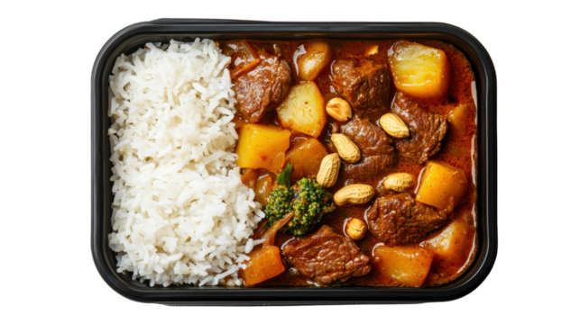 Delicious beef stew with potatoes and vegetables served alongside fluffy white rice in a convenient black takeout container perfect for meals on the go or quick lunches.