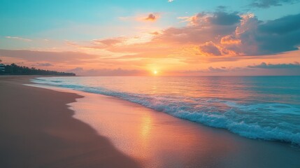 Stunning tropical beach sunset with vibrant colors and gentle waves