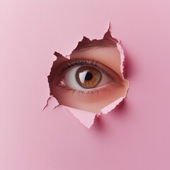 Eye peeking through torn pink paper symbolizing curiosity, discovery and awareness, ideal for creativity concepts, branding visuals, psychology and design themes