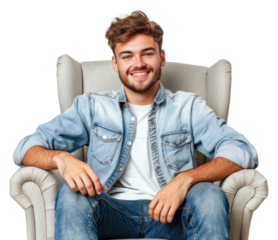 Happy man sitting on the armchair portrait furniture adult.