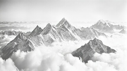 Stunning monochrome landscape depicting majestic mountains amidst thick clouds
